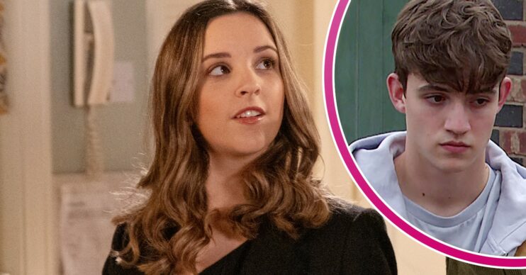 Amy smiling and Aaron looking guilty in Coronation Street