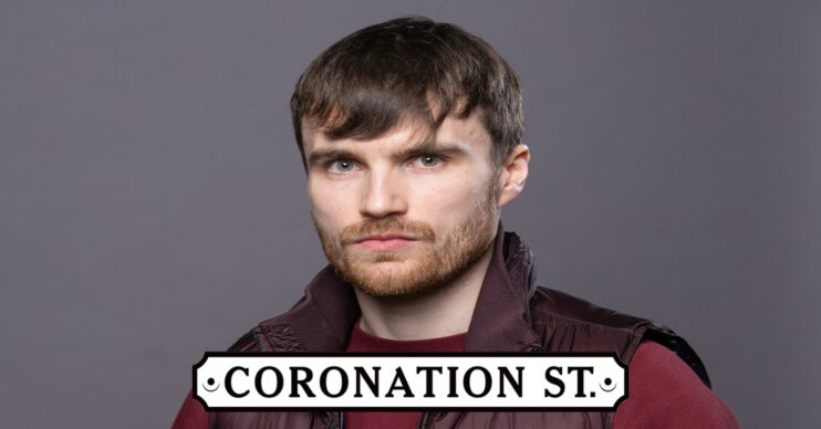 Justin Rutherford in Coronation Street promo shot with show logo