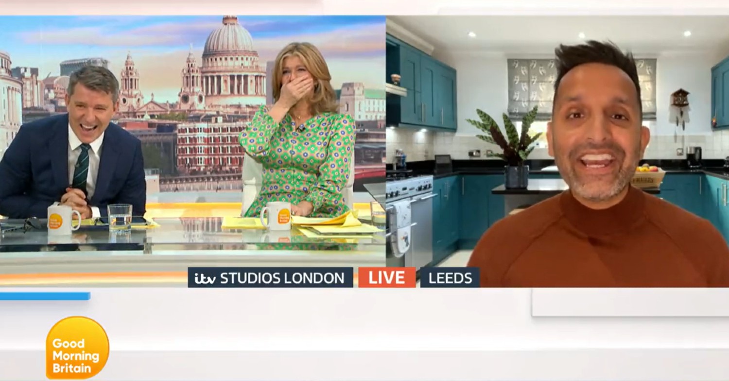 Kate looking shocked and Ben and Amir laughing on GMB today