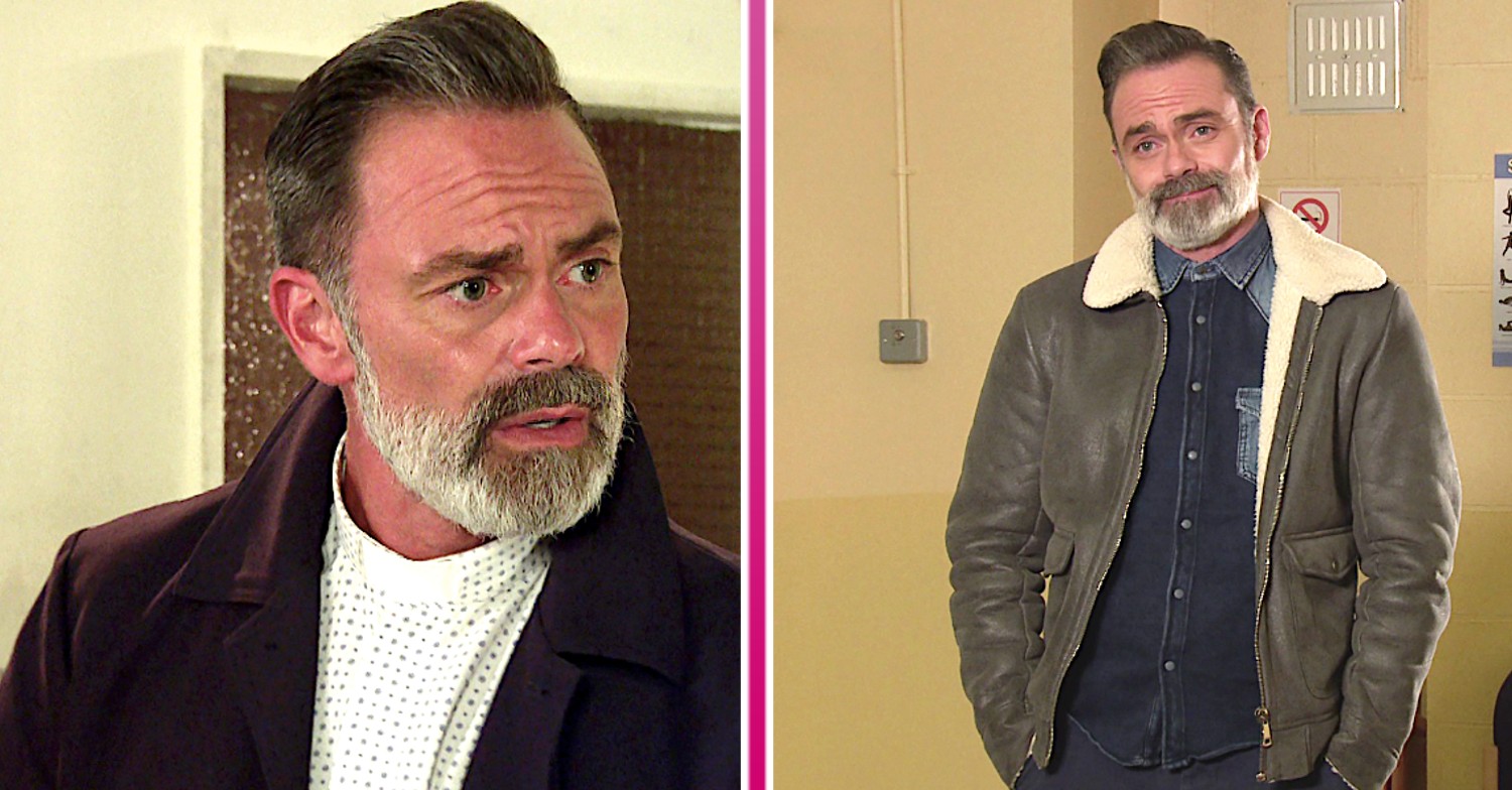 Billy Mayhew in Coronation Street looking worried in two pictures side by side
