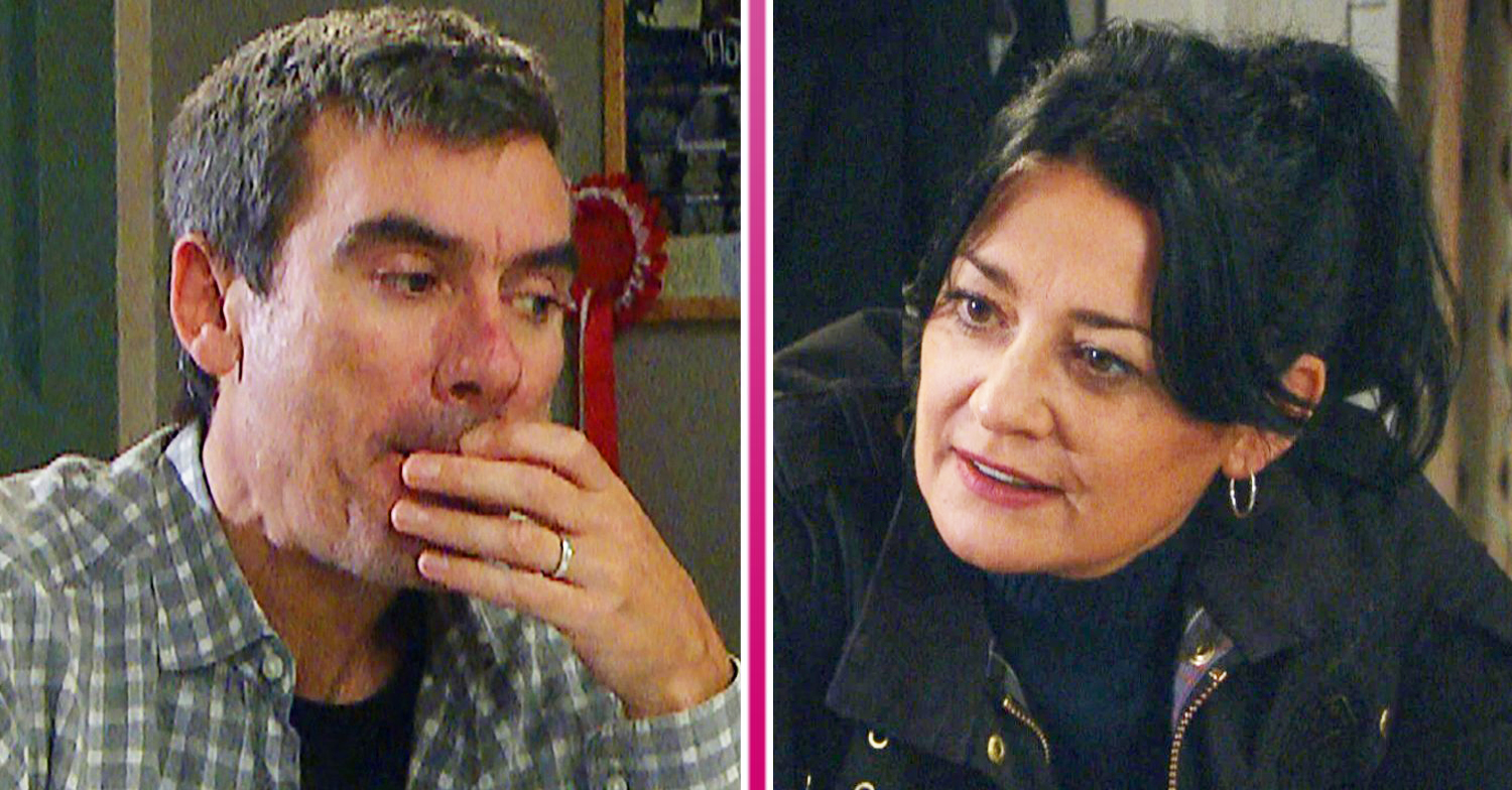 Emmerdale's Cain is in deep thought with his hand on his face and Moira is looking furious