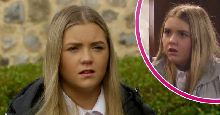 Cathy looks down on Emmerdale; inset, inset, looking horrified (Credit: ITV/Composite: Entertainment Daily)
