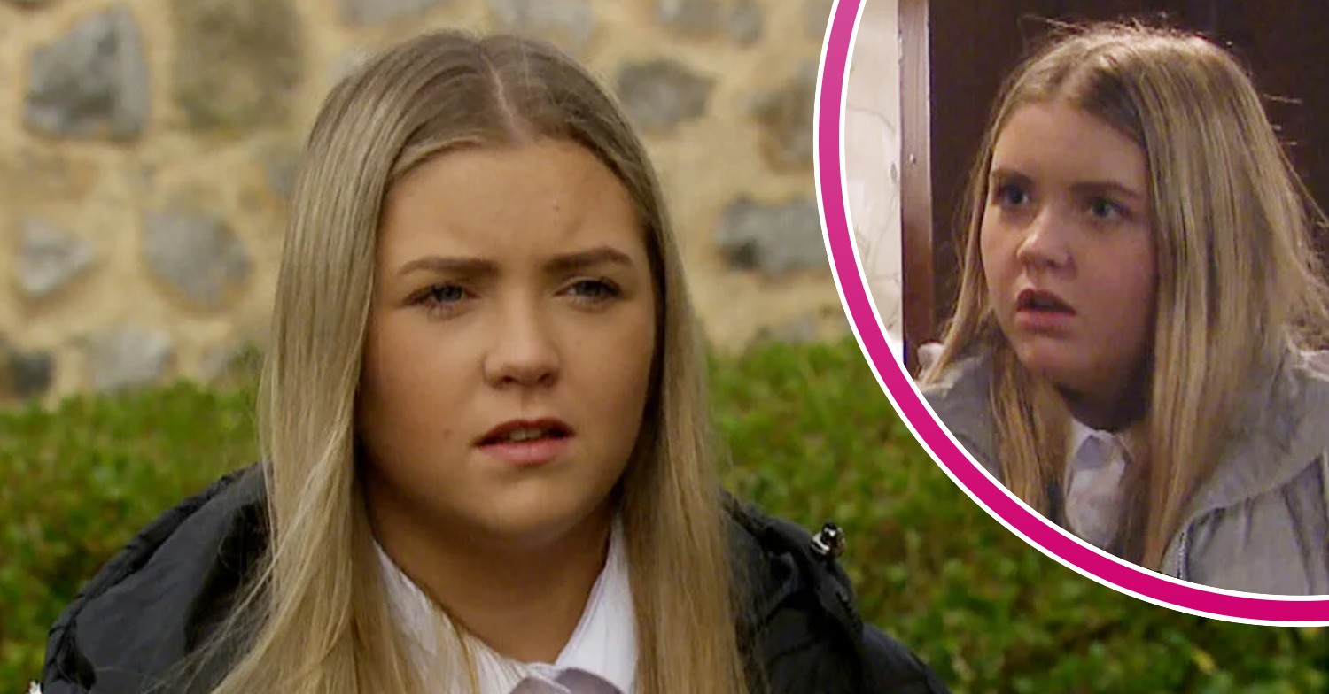 Cathy looks down on Emmerdale; inset, inset, looking horrified (Credit: ITV/Composite: Entertainment Daily)