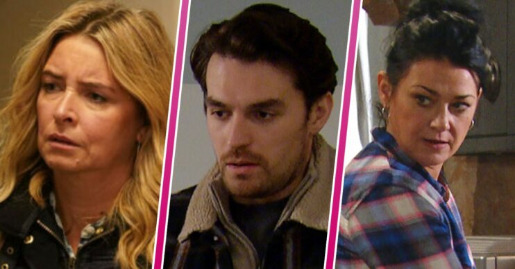 Three-way composite of Charity, Mack and Moira looking upset and worried on Emmerdale (Credit: ITV/Composite: Entertainment Daily)