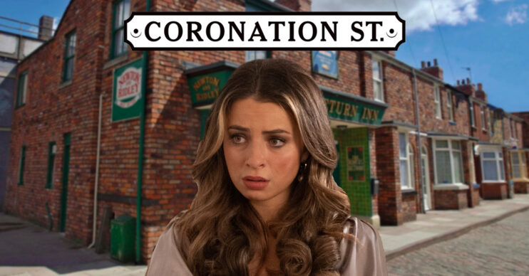Coronation Street's Daisy is looking worried next to the Coronation Street logo and background of The Rovers