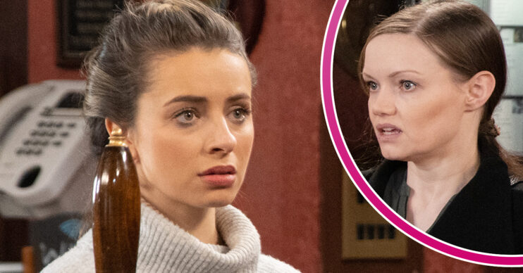 Coronation Street's Daisy looks worried and, in a bubble, is Justin's sister who looks very serious