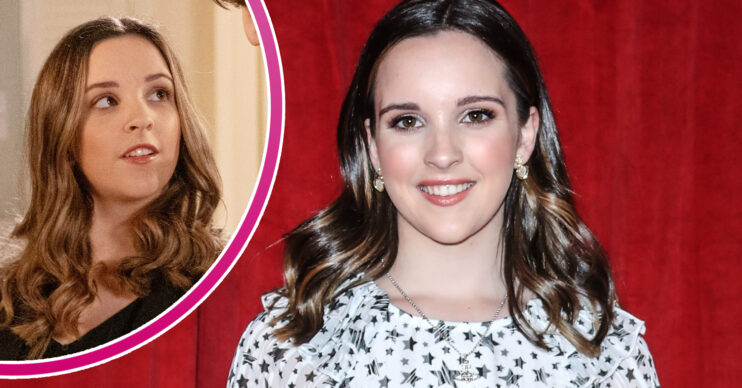 Coronation Street's Elle Mulvaney is smiling and, in a bubble, Amy