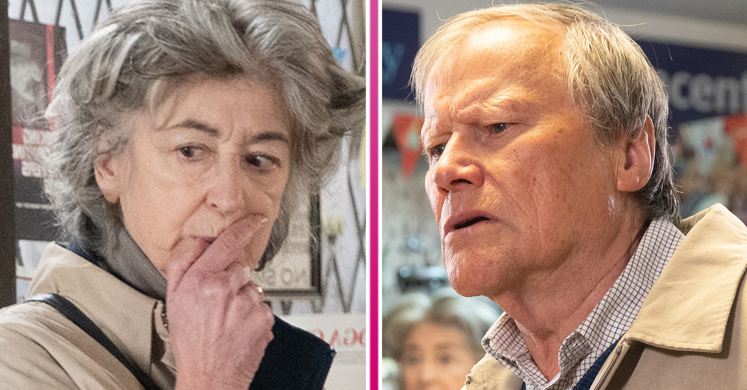 Coronation Street's Evelyn looks shocked and Roy looks troubled