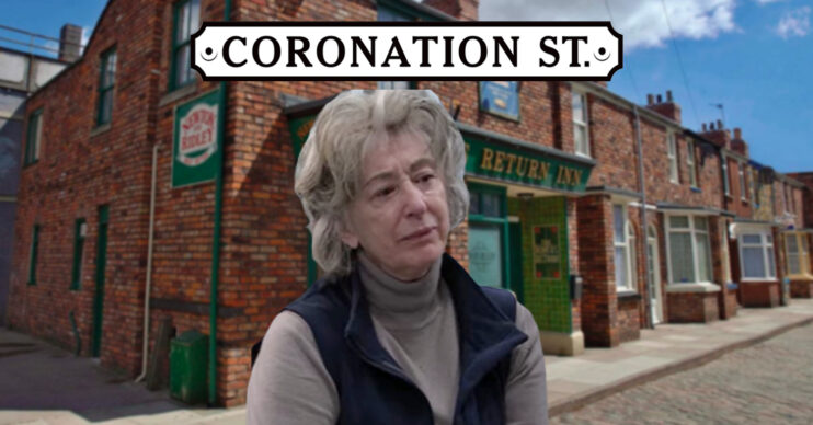 Coronation Street's Evelyn is crying next to the Coronation Street logo and background of the Rovers