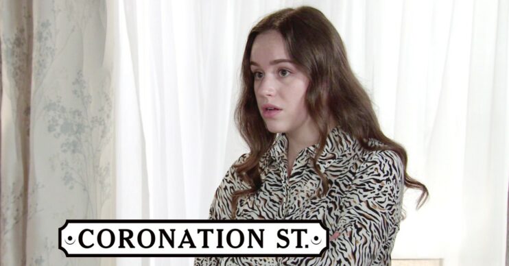 Faye Windass looking cincerned and the Coronation Street logo comp image