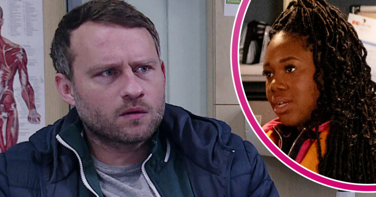 Coronation Street's Paul looks concerned and, in a bubble, Dee-Dee is serious