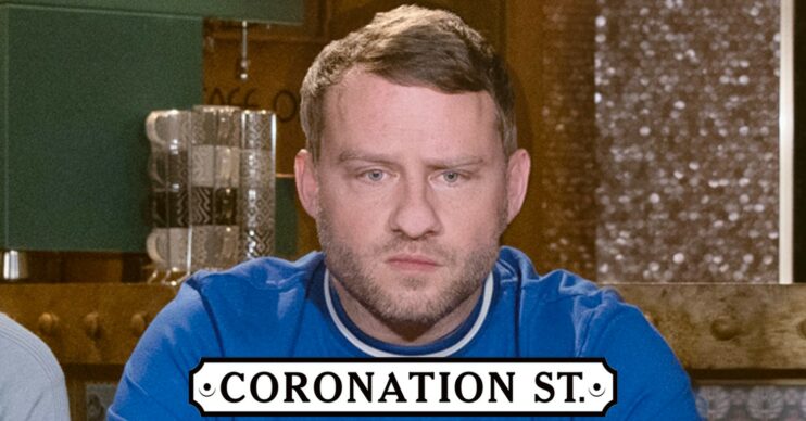 Coronation Street's Paul Foreman looks worried in comp image with show logo