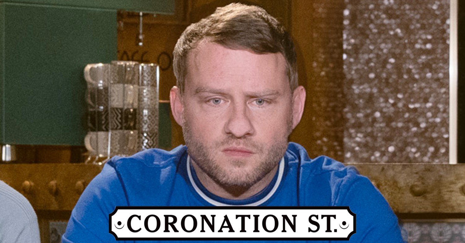 Coronation Street's Paul Foreman looks worried in comp image with show logo