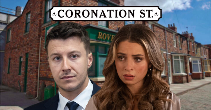 Coronation Street's Ryan and Daisy look sad next to the Coronation Street logo and background of the Rovers.