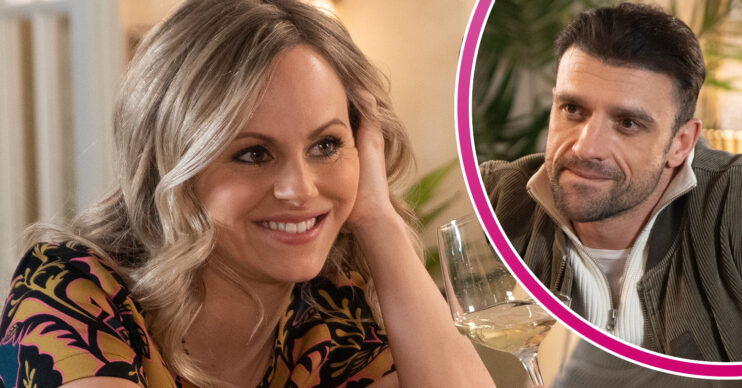 Coronation Street's Sarah is smiling and, in a bubble, Damon is happy