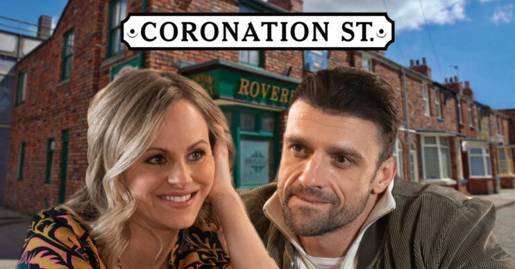 Coronation Street's Sarah and Damon are with the Coronation Street logo and The Rovers background