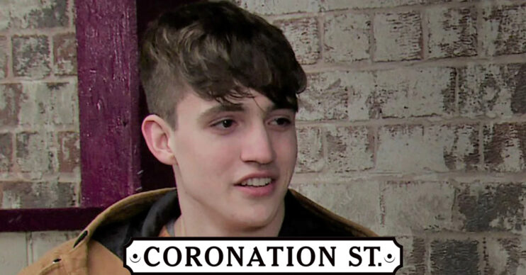 Coronation Street's Aaron with the Coronation Street logo
