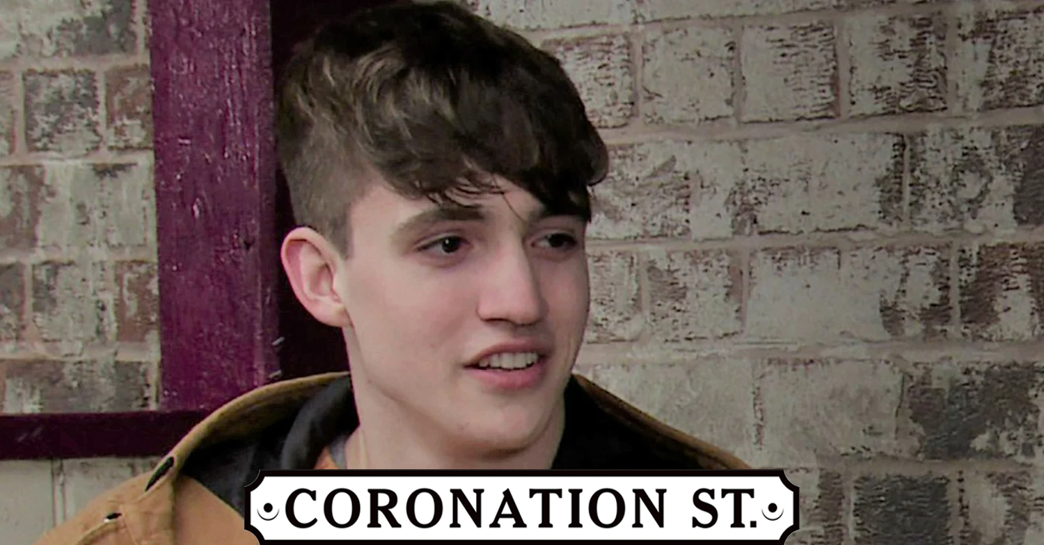 Coronation Street's Aaron with the Coronation Street logo
