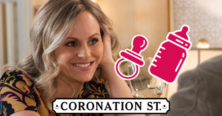 Coronation Street's Sarah is smiling with the Coronation Street logo with a dummy and baby bottle