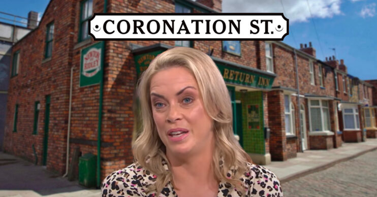 Sharon Marshall with the Coronation Street logo and background