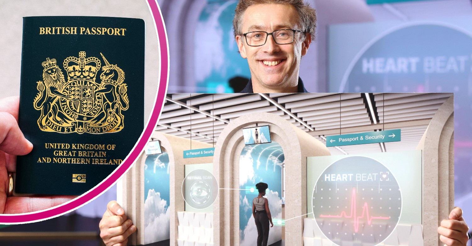 Travel expert holding an image of heartbeat passports and someone holding a British passport