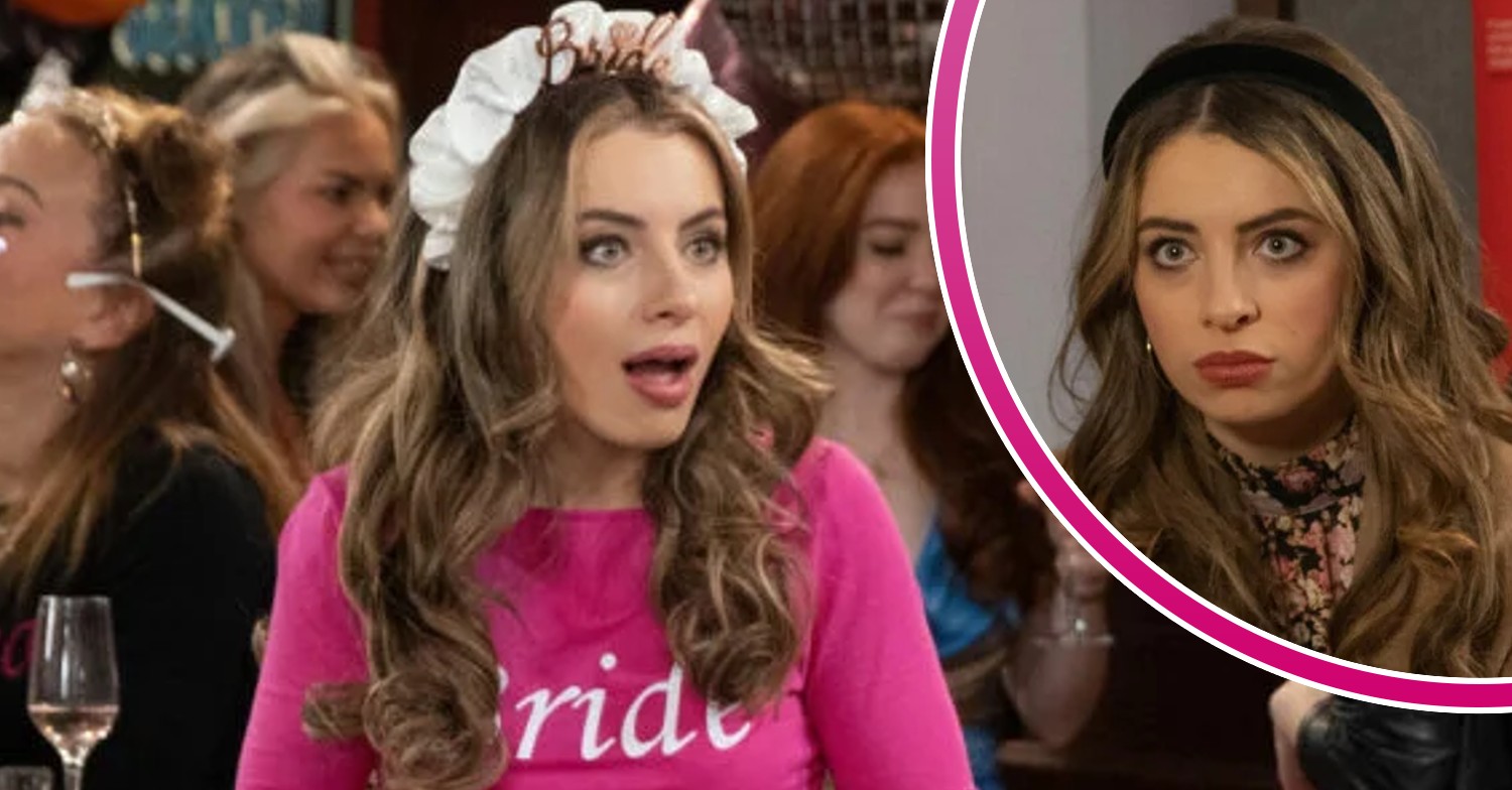Daisy, on her hen do, looks shocked, inset, looking unhappy (Credit: ITV/Composite: Entertainment Daily)