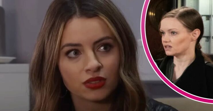 Daisy looks worried on Coronation Street; inset, Justin's sister looks serious (Credit: ITV/Composite: Entertainment Daily)