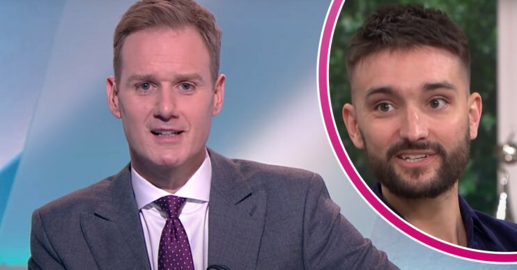 Dan Walker speaks to camera, the late Tom Parker smiles