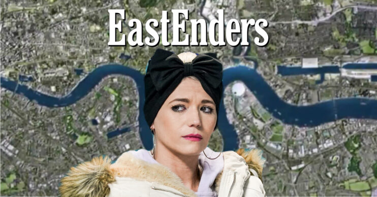 EastEnders' Lola is sad in front of the EastEnders logo and background