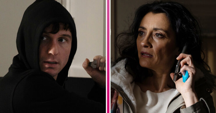 Emmerdale's Alex has his hood up and Manpreet looks worried whilst on the phone