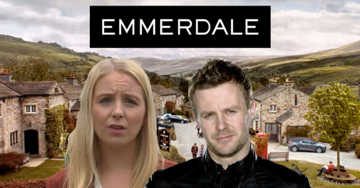Emmerdale's Belle and Carl King and with the Emmerdale logo and background