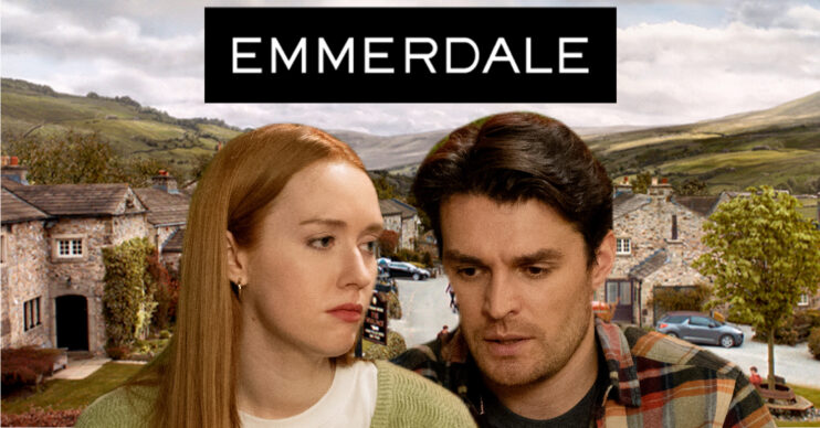 Emmerdale's Chloe and Mack are with the Emmerdale logo and background