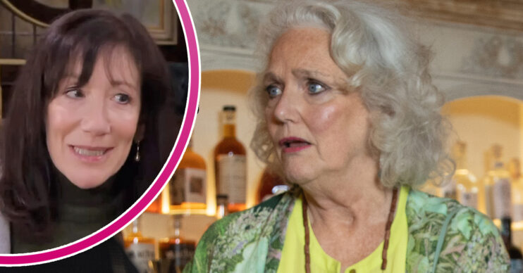 Emmerdale's Mary is looking worried and, in a bubble, Faye is smiling