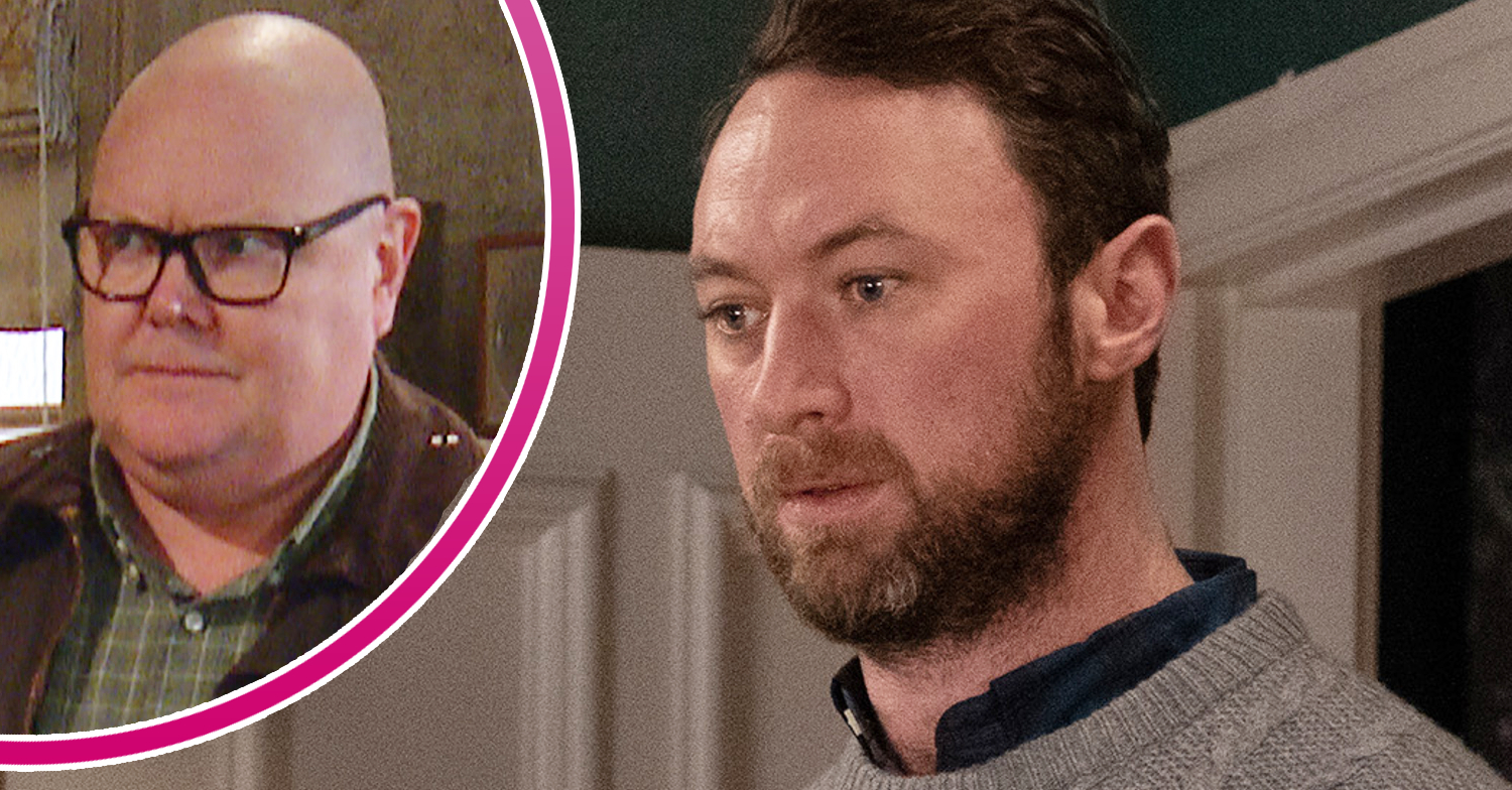 Emmerdale's Liam looks shocked and, in a bubble, Paddy looks concerned
