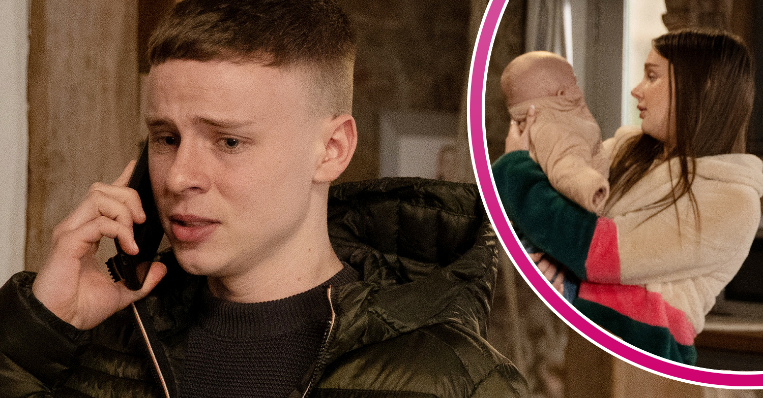 Emmerdale's Samson is panicked on the phone and, in a bubble, Sarah is holding baby Esther
