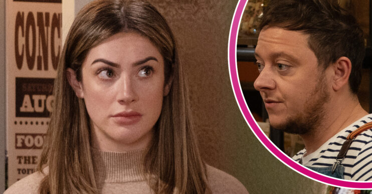Emmerdale's Victoria looks uncomfortable and, in a bubble, Matty has a supportive look on his face