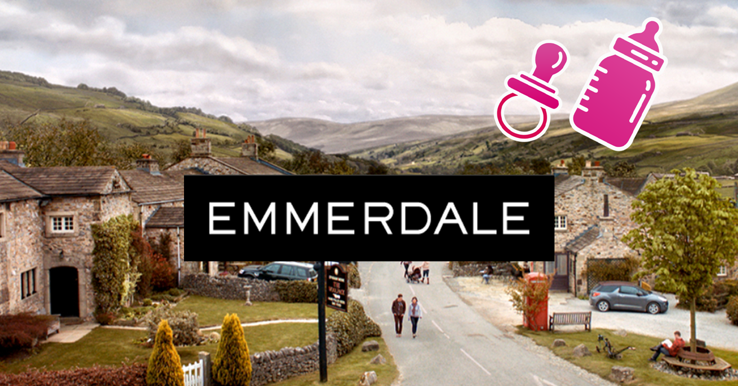 Emmerdale logo with baby bottle