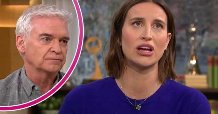 Phillip Schofield listens and Ferne McCann looks upwards on This Morning today
