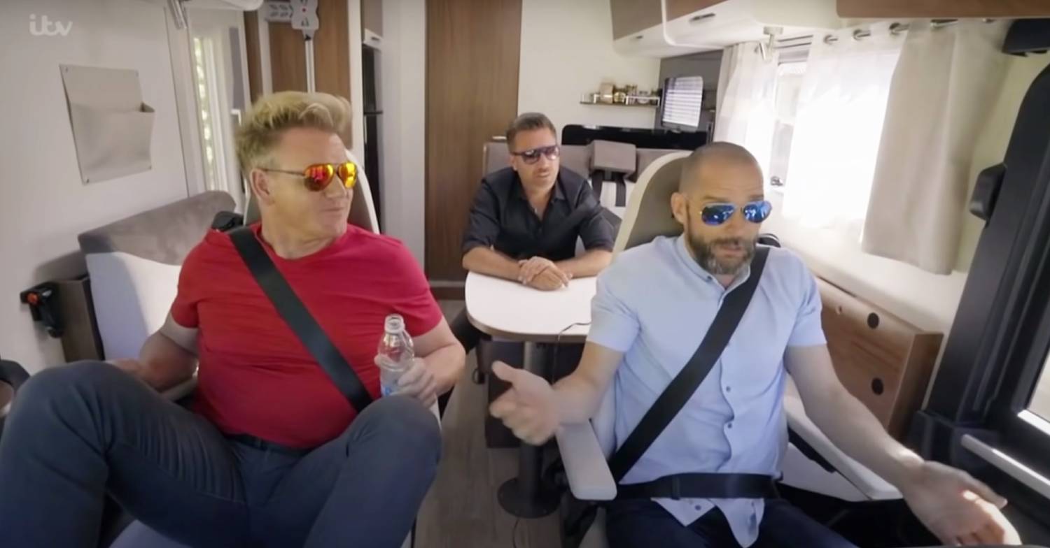 Gordon Ramsay, Gino D'Acampo and Fred Sirieix travel in a van