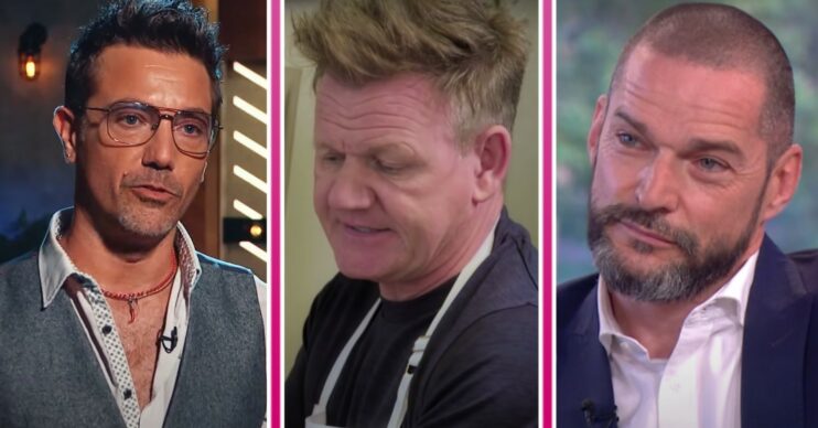 Gino D'Acampo looks stern, Gordon Ramsay looks down, Fred Sirieix cocks his head