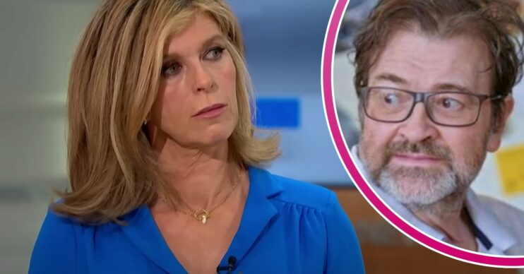 Kate Garraway looks emotional, her husband Derek Draper looks around