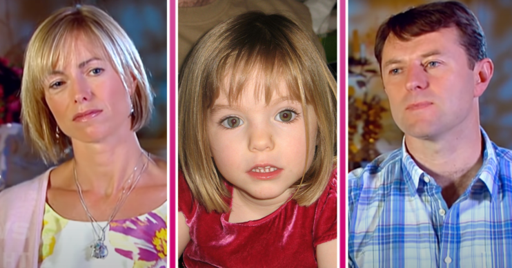 Kate and Gerry McCann being interviewed and Madeleine in a red dress