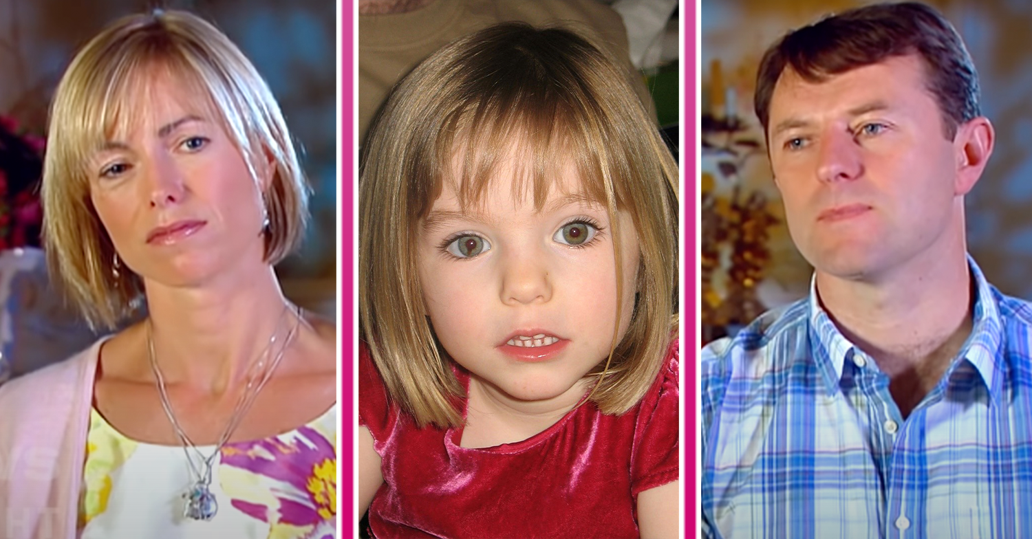 Kate and Gerry McCann being interviewed and Madeleine in a red dress