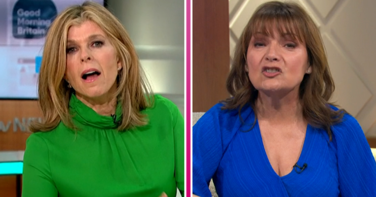 Kate Garraway wearing green and Lorraine Kelly wearing blue