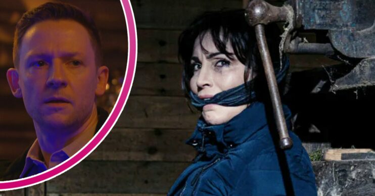 Leyla is gagged and terrified on Emmerdale; inset, Callum glares menacingly (Credit: ITV/Composite: Entertainment Daily)