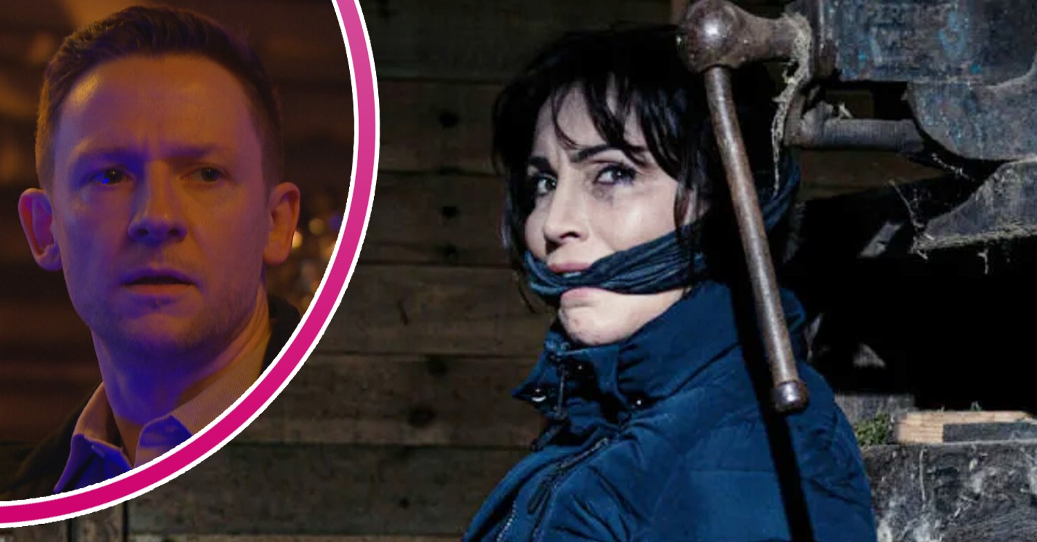 Leyla is gagged and terrified on Emmerdale; inset, Callum glares menacingly (Credit: ITV/Composite: Entertainment Daily)