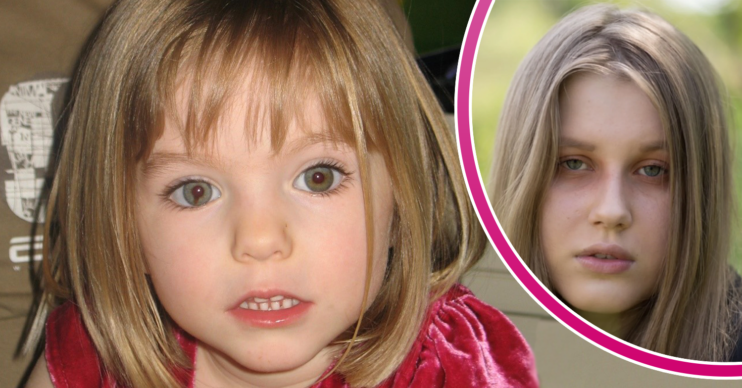 Madeleine McCann in red dress and Julia inset looking sad