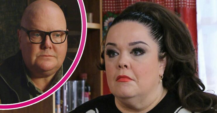 Mandy looks sad and worried on Emmerdale - inset, Paddy is depressed and desolate (Credit: ITV/Composite: Entertainment Daily)