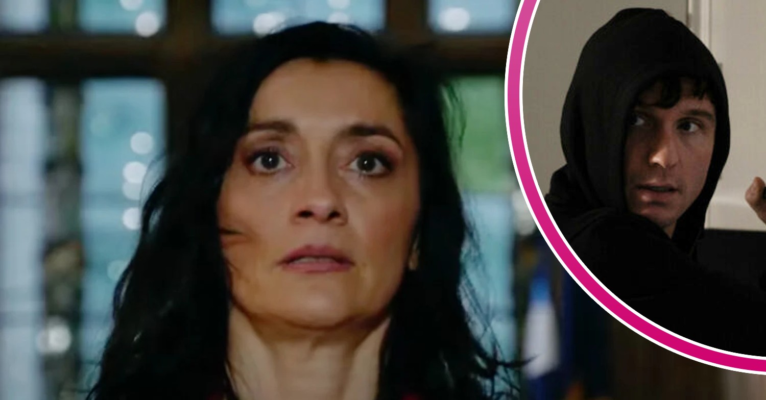 Manpreet looks shocked on Emmerdale; inset, Alex wears a hood and looks shady (Credit: ITV/Composite: Entertainment Daily)