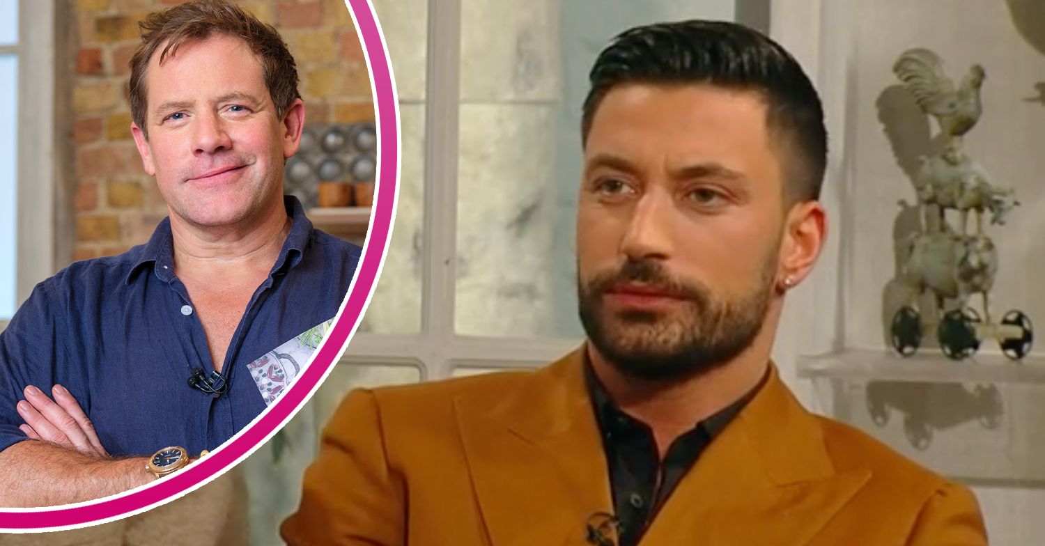 Giovanni Pernice frowning on Saturday Kitchen with Matt Tebbutt inset